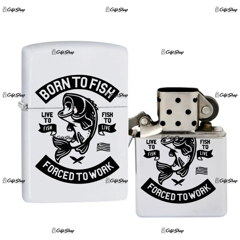 Born to fish forced to work, bricheta metalica gravata laser cu mesaj